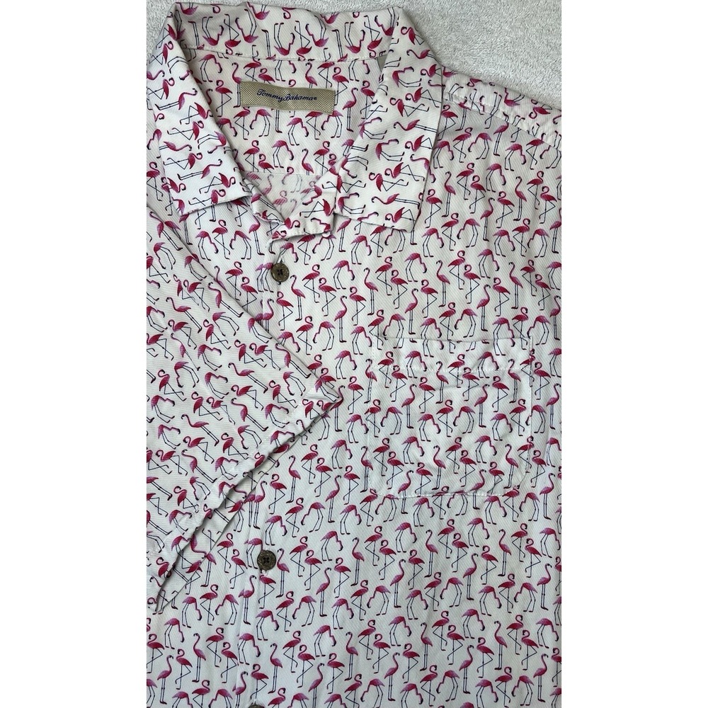 Tommy Bahama Shirt Mens XL Floral 100% Viscose Flamingo AOP Loop Collar Button
